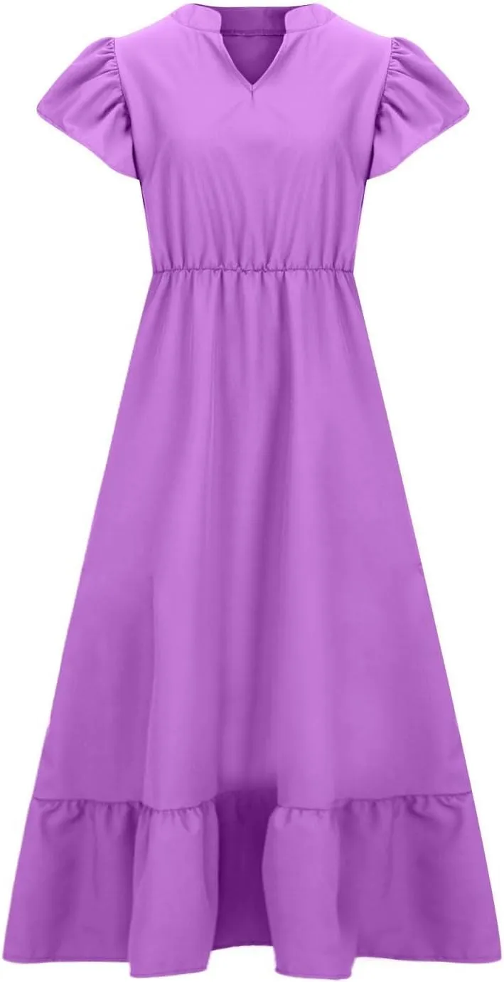 HGps8w Womens Flutter Sleeve Plus Size Summer Maxi Dress Elegant V Neck Ruffle Hem A-Line Swing Cocktail Dresses with Pockets