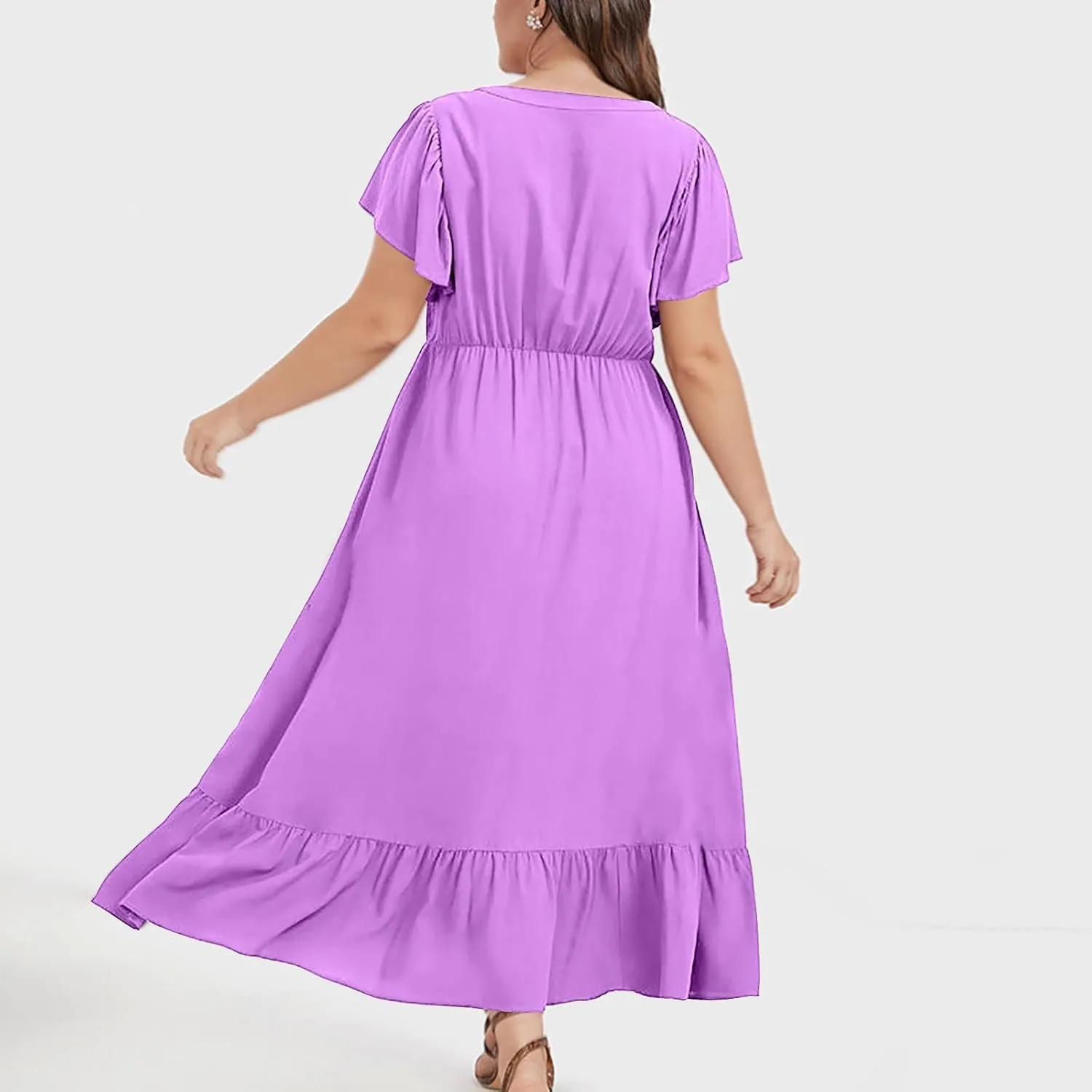 HGps8w Womens Flutter Sleeve Plus Size Summer Maxi Dress Elegant V Neck Ruffle Hem A-Line Swing Cocktail Dresses with Pockets