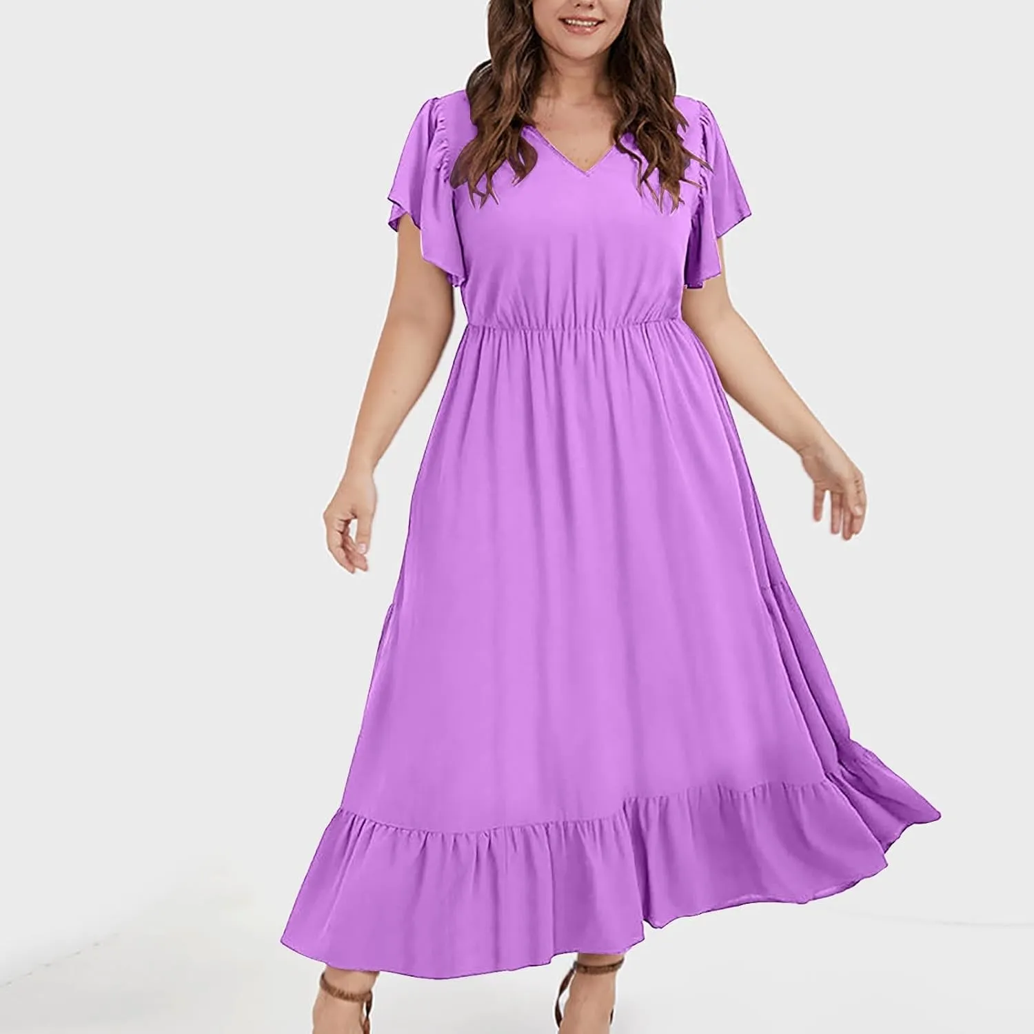 HGps8w Womens Flutter Sleeve Plus Size Summer Maxi Dress Elegant V Neck Ruffle Hem A-Line Swing Cocktail Dresses with Pockets