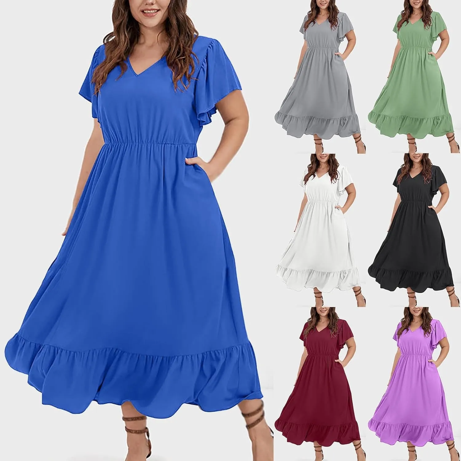 HGps8w Womens Flutter Sleeve Plus Size Summer Maxi Dress Elegant V Neck Ruffle Hem A-Line Swing Cocktail Dresses with Pockets