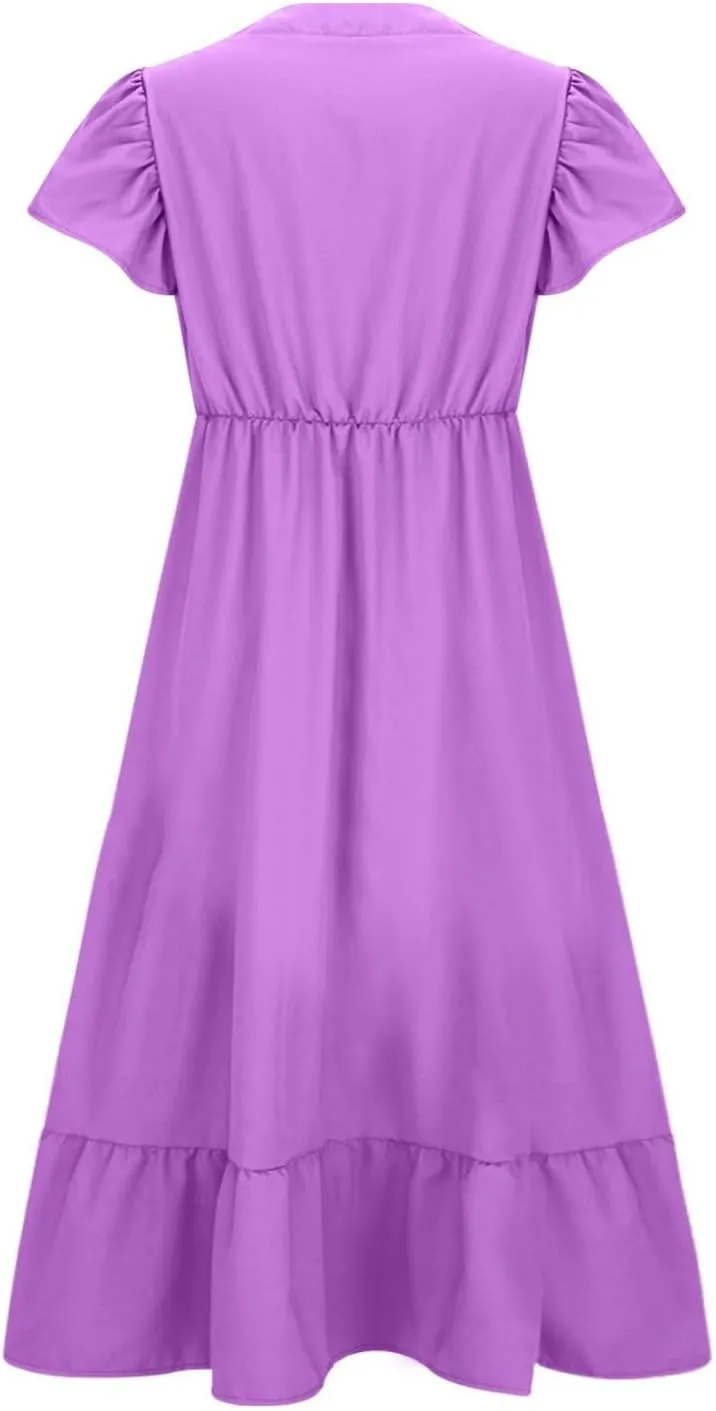 HGps8w Womens Flutter Sleeve Plus Size Summer Maxi Dress Elegant V Neck Ruffle Hem A-Line Swing Cocktail Dresses with Pockets