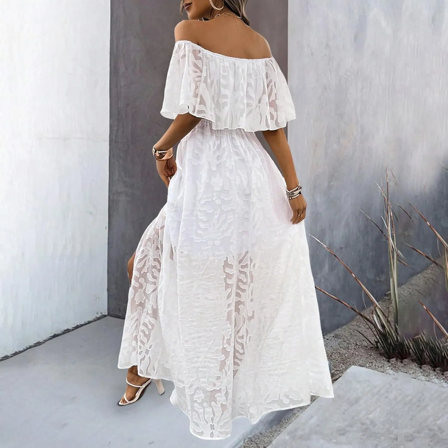 HGps8w Women's Off The Shoulder Floral Lace Beach Vacation Dress Elegant Ruffles Flowy A Line Party Cocktail Maxi Dresses