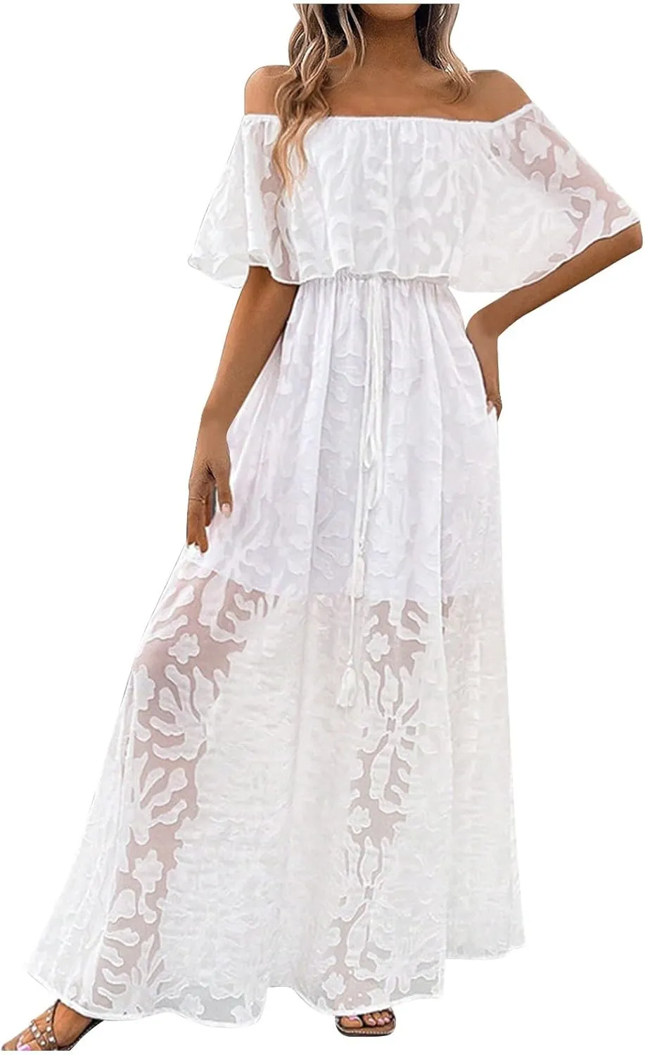 HGps8w Women's Off The Shoulder Floral Lace Beach Vacation Dress Elegant Ruffles Flowy A Line Party Cocktail Maxi Dresses