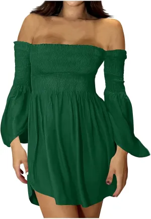 HGps8w Women's Off The Shoulder Mini Dress Smocked Long Bell Sleeve Ruffle Hem A Line Dresses