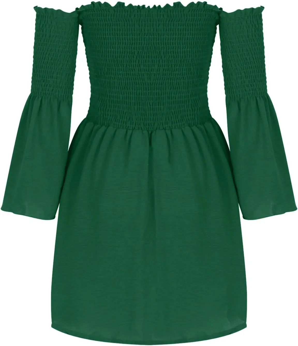 HGps8w Women's Off The Shoulder Mini Dress Smocked Long Bell Sleeve Ruffle Hem A Line Dresses