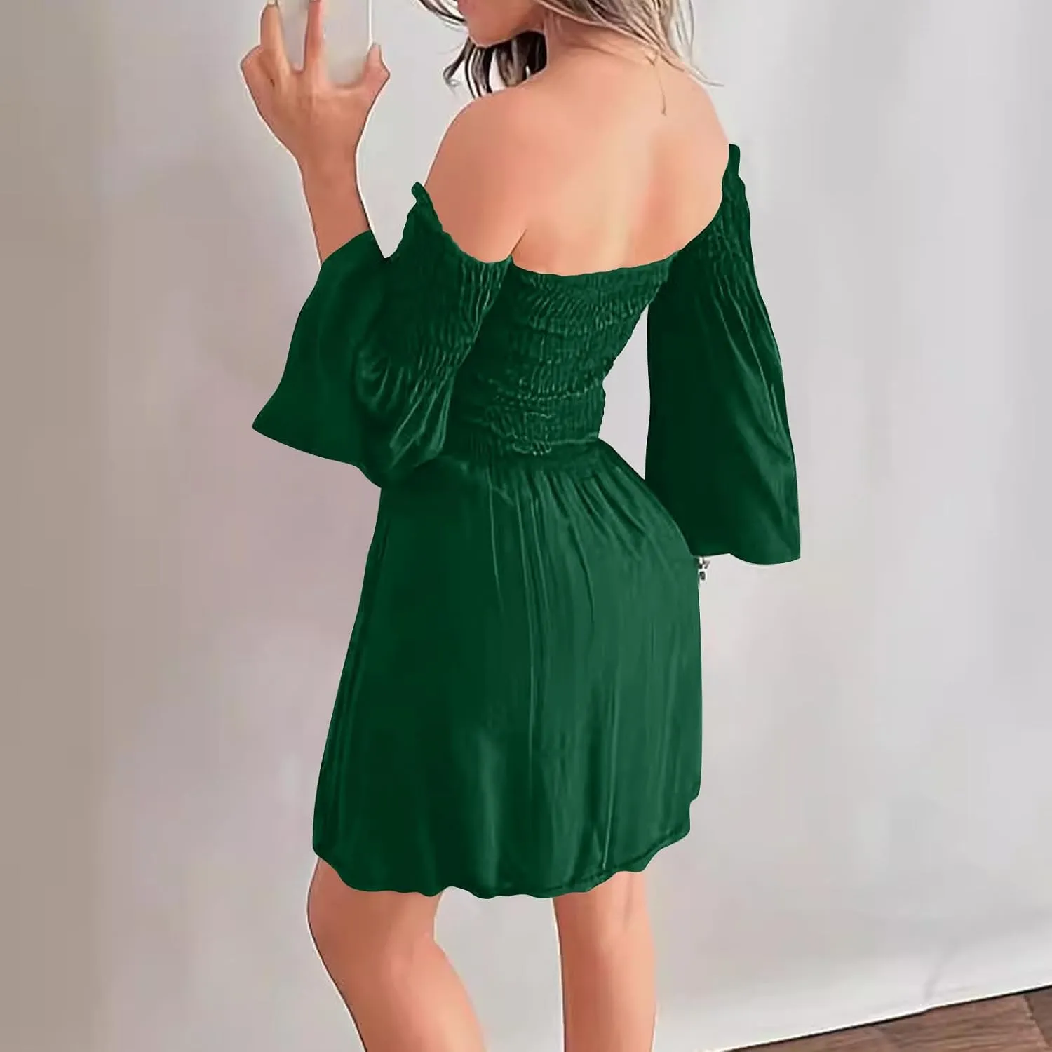 HGps8w Women's Off The Shoulder Mini Dress Smocked Long Bell Sleeve Ruffle Hem A Line Dresses