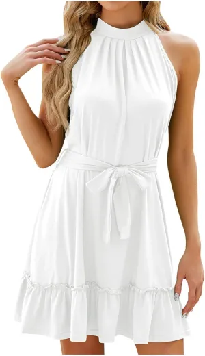 HGps8w Women's Summer Halter Neck Mini Dresses 2025 Sleeveless A-Line Tiered Ruffle Hem Casual Beach Dress with Belt