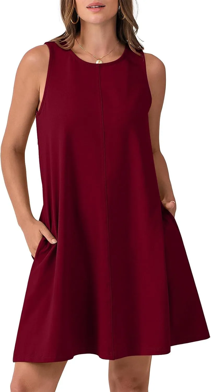 hlysgo A Line Dresses for Women Summer Cutout Back Sleeveless Mini Sundress Casual Loose Fit Coverup Beach Dress with Pocket