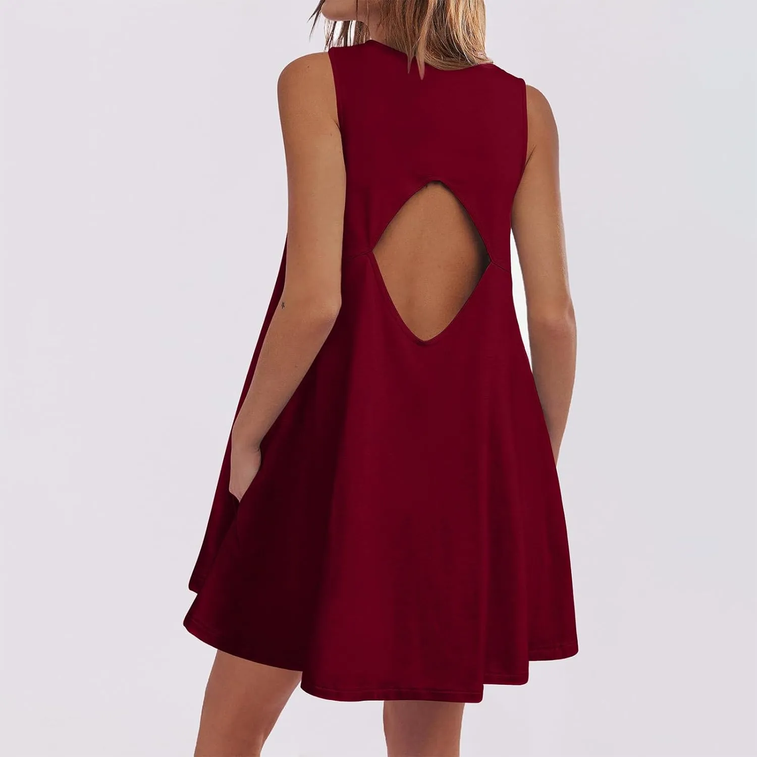 hlysgo A Line Dresses for Women Summer Cutout Back Sleeveless Mini Sundress Casual Loose Fit Coverup Beach Dress with Pocket
