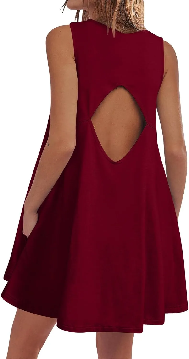 hlysgo A Line Dresses for Women Summer Cutout Back Sleeveless Mini Sundress Casual Loose Fit Coverup Beach Dress with Pocket
