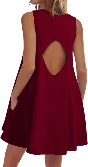 hlysgo A Line Dresses for Women Summer Cutout Back Sleeveless Mini Sundress Casual Loose Fit Coverup Beach Dress with Pocket