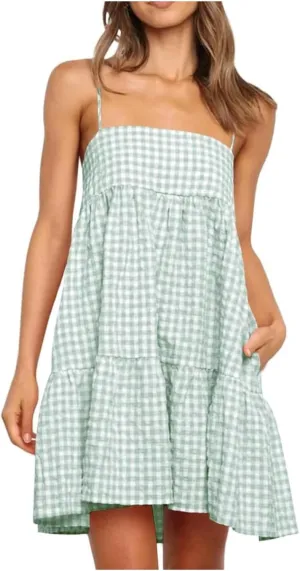 hlysgo Boho Dresses for Women 2025 Summer Spaghetti Strap Babydoll Sundress A-Line Gingham Beach Mini Dress with Pockets