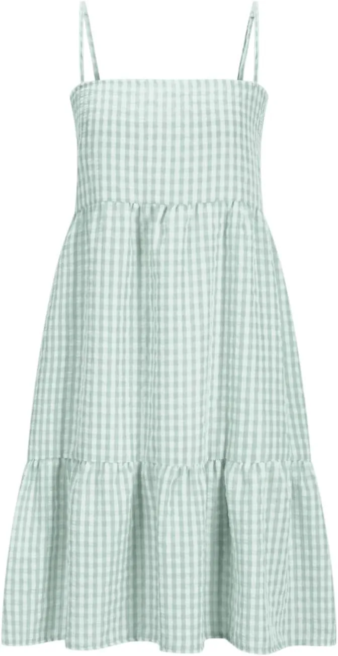 hlysgo Boho Dresses for Women 2025 Summer Spaghetti Strap Babydoll Sundress A-Line Gingham Beach Mini Dress with Pockets