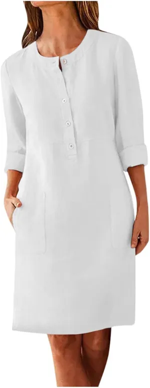 hlysgo Spring Dress for Women Cotton Linen Plus Size Casual Dresses Long Sleeve Button Crewneck Midi Dress with Pockets