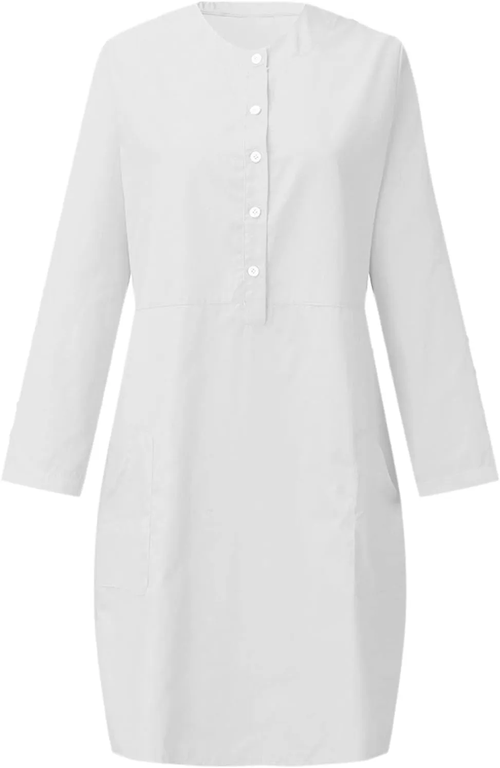 hlysgo Spring Dress for Women Cotton Linen Plus Size Casual Dresses Long Sleeve Button Crewneck Midi Dress with Pockets