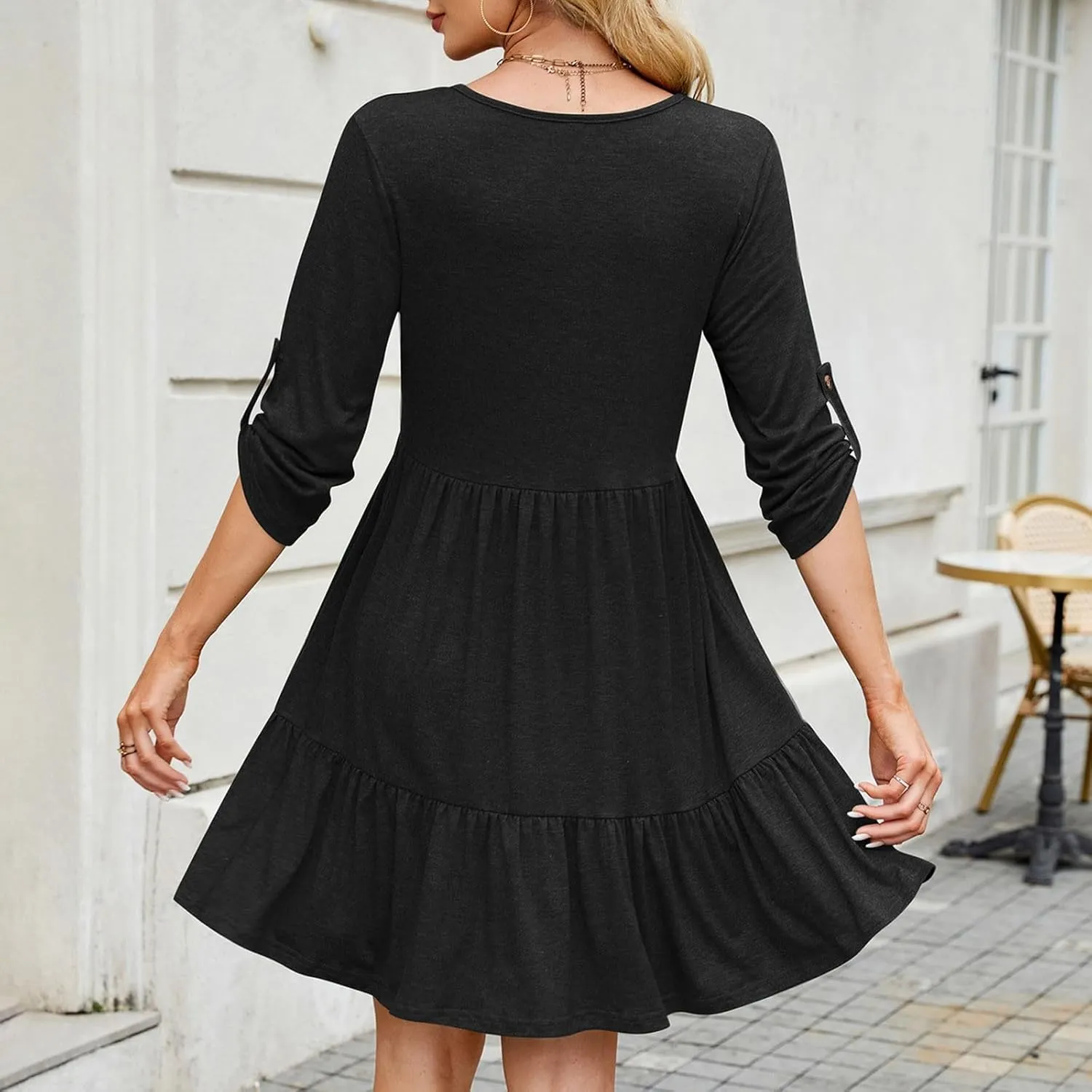 hlysgo Spring Dresses for Women V Neck Casual Mini Dress Solid Roll Up 3/4 Length Sleeve Ruffle Flowy Short Dress