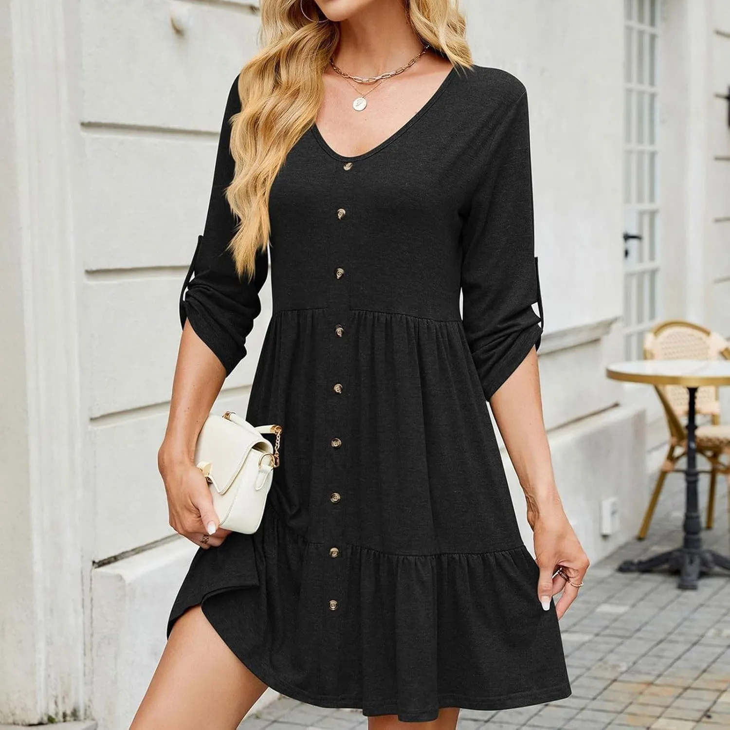 hlysgo Spring Dresses for Women V Neck Casual Mini Dress Solid Roll Up 3/4 Length Sleeve Ruffle Flowy Short Dress