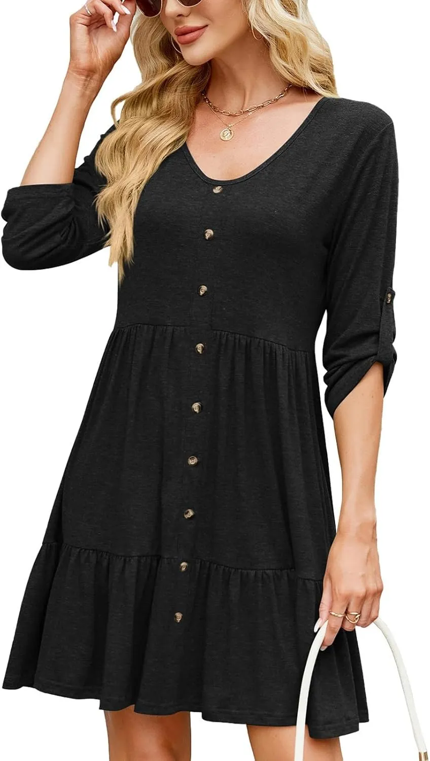 hlysgo Spring Dresses for Women V Neck Casual Mini Dress Solid Roll Up 3/4 Length Sleeve Ruffle Flowy Short Dress