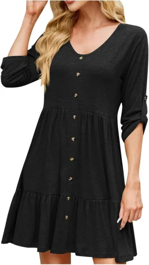 hlysgo Spring Dresses for Women V Neck Casual Mini Dress Solid Roll Up 3/4 Length Sleeve Ruffle Flowy Short Dress