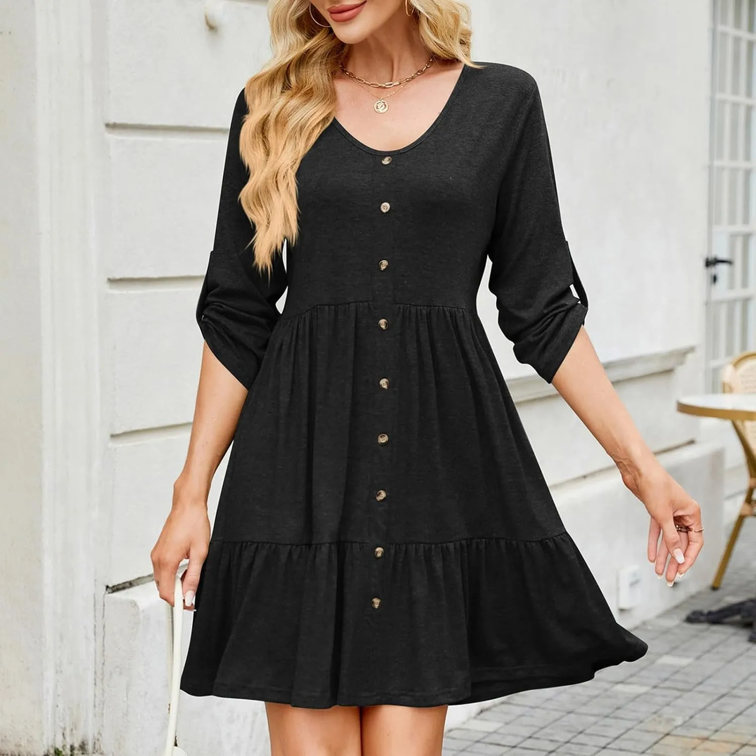 hlysgo Spring Dresses for Women V Neck Casual Mini Dress Solid Roll Up 3/4 Length Sleeve Ruffle Flowy Short Dress