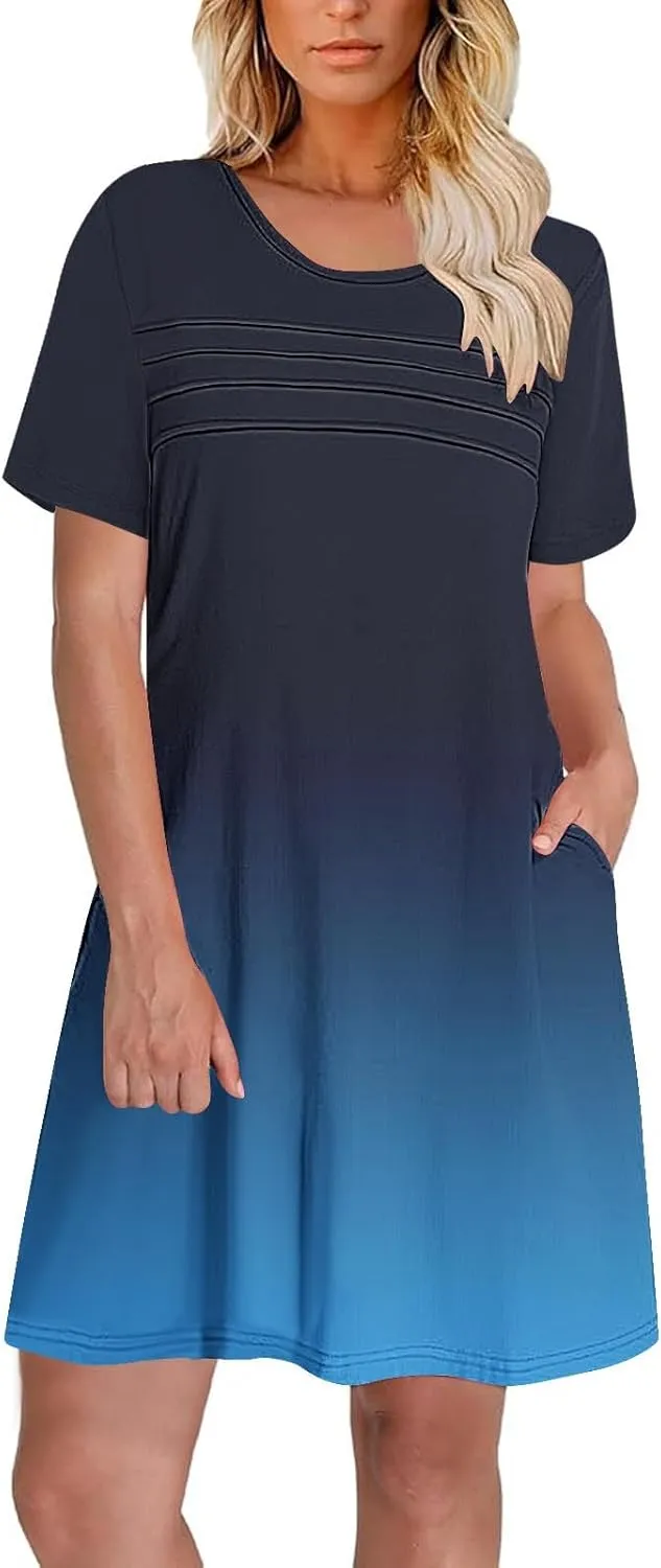 hlysgo Summer Dresses for Women 2025 Trendy Tie-Dye Print Short Sleeve Crew Neck Ruched Dress Beach Mini Dress with Pockets