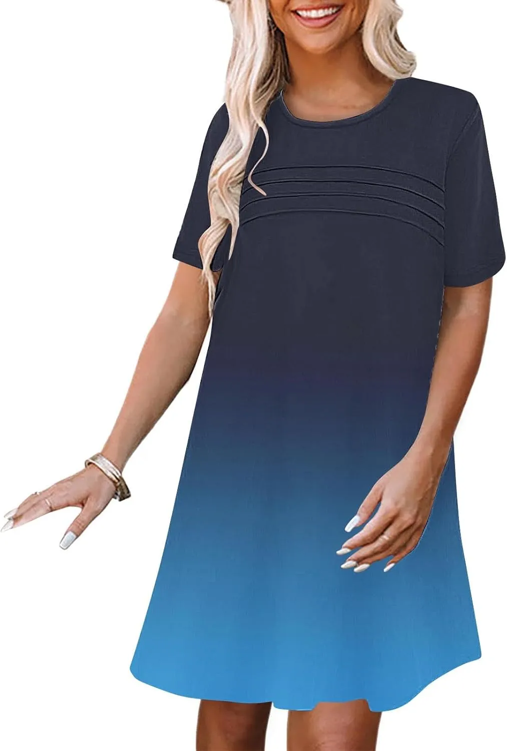 hlysgo Summer Dresses for Women 2025 Trendy Tie-Dye Print Short Sleeve Crew Neck Ruched Dress Beach Mini Dress with Pockets