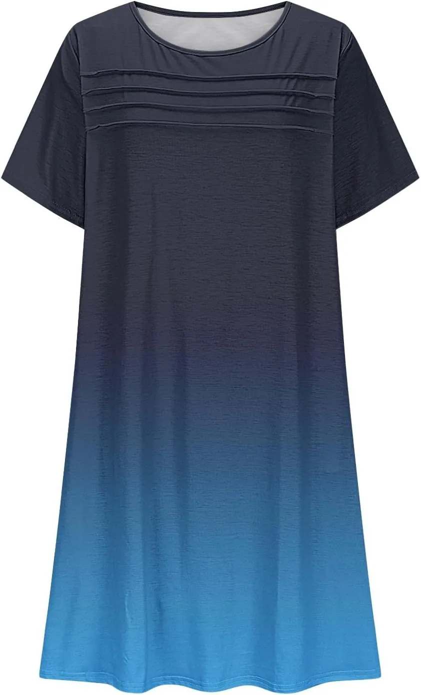 hlysgo Summer Dresses for Women 2025 Trendy Tie-Dye Print Short Sleeve Crew Neck Ruched Dress Beach Mini Dress with Pockets