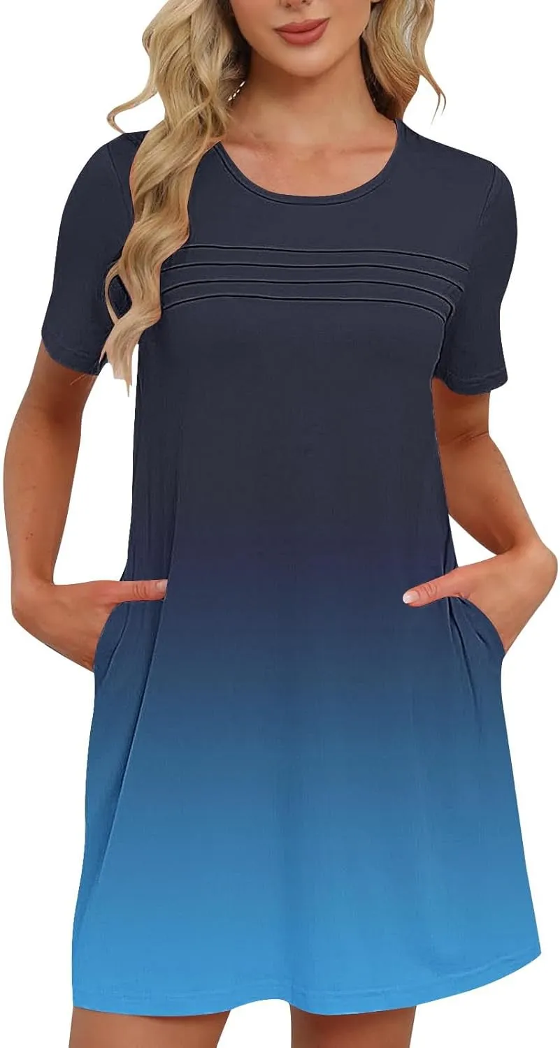 hlysgo Summer Dresses for Women 2025 Trendy Tie-Dye Print Short Sleeve Crew Neck Ruched Dress Beach Mini Dress with Pockets