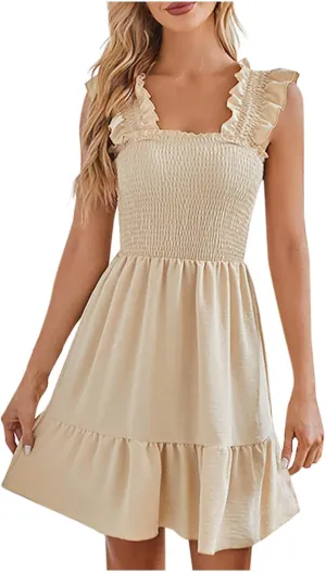 hlysgo Women Summer Sleeveless Mini Dress Boho Smocked Sundresses Cute Ruffle Casual Tank Dress
