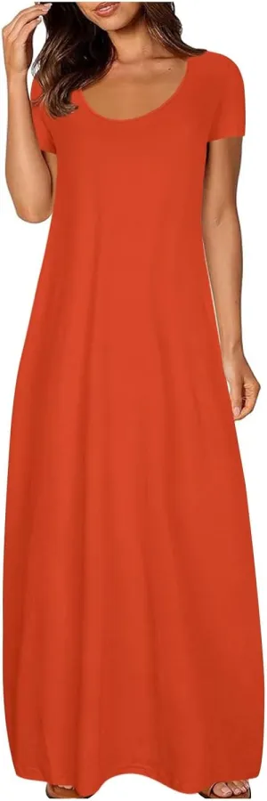 hlysgo Womens 2025 Trendy Summer Long Dresses Short Sleeve Scoop Neck Plus Size Lounge Midi Dress Solid Casual Dress