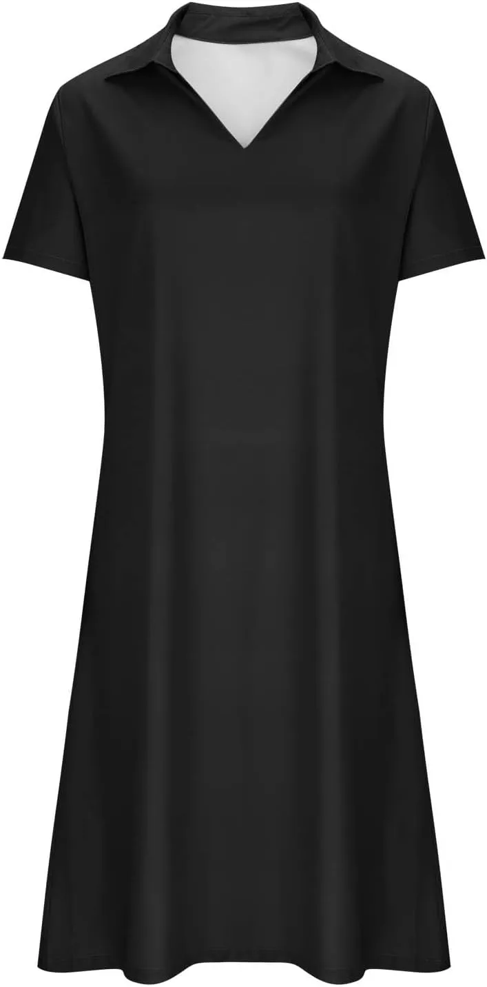 hlysgo Womens Summer Dresses 2025 Trendy Knee Length Vacation Beach Dress Casual Loose Fit Short Sleeve V Neck Mini Dresses