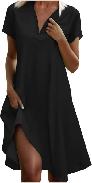 hlysgo Womens Summer Dresses 2025 Trendy Knee Length Vacation Beach Dress Casual Loose Fit Short Sleeve V Neck Mini Dresses
