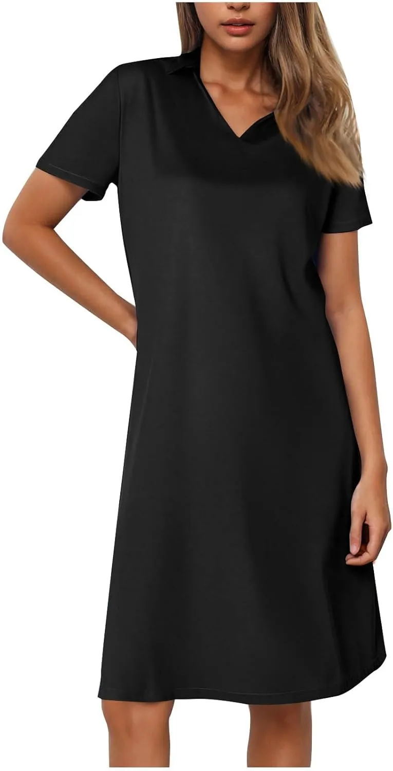 hlysgo Womens Summer Dresses 2025 Trendy Knee Length Vacation Beach Dress Casual Loose Fit Short Sleeve V Neck Mini Dresses