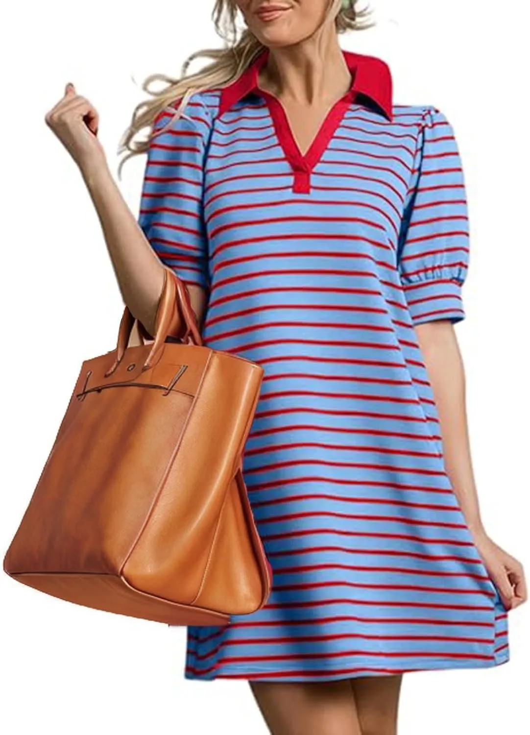 hlysgo Womens Summer Dresses 2025 Trendy Stripes Print Puff Short Sleeve V Neck Mini Dress Elegant Ladies Going Out Dress