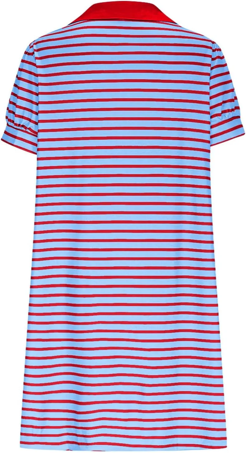 hlysgo Womens Summer Dresses 2025 Trendy Stripes Print Puff Short Sleeve V Neck Mini Dress Elegant Ladies Going Out Dress