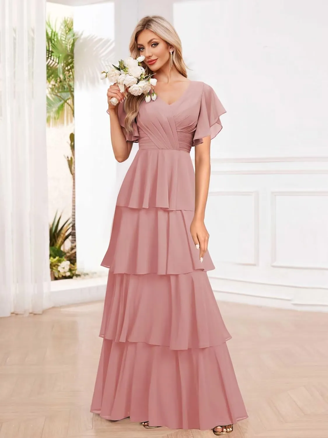 homdor Tiered Ruffles Bridesmaid Dresses for Women 2025 V Neck Chiffon Formal Evening Dresses with Sleeves