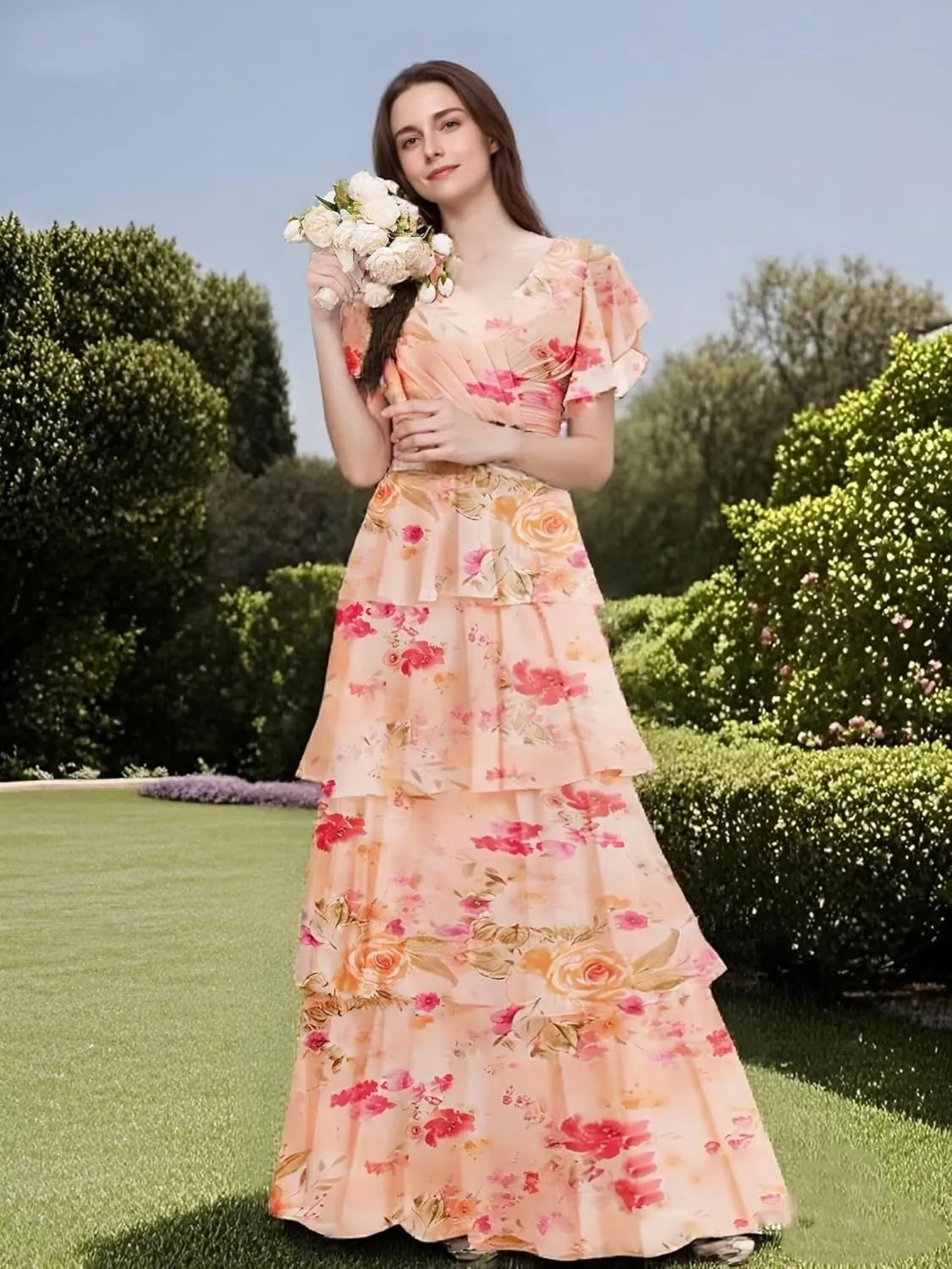 homdor Tiered Ruffles Bridesmaid Dresses for Women 2025 V Neck Chiffon Formal Evening Dresses with Sleeves