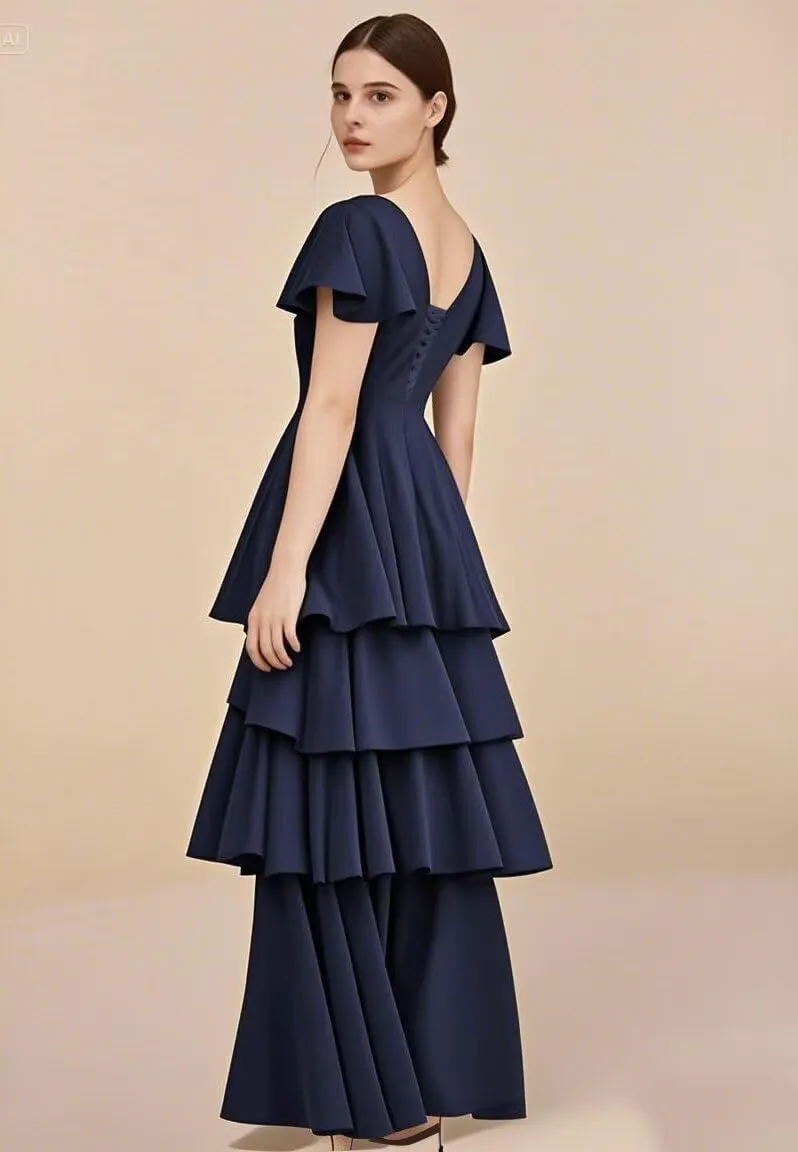 homdor Tiered Ruffles Bridesmaid Dresses for Women 2025 V Neck Chiffon Formal Evening Dresses with Sleeves