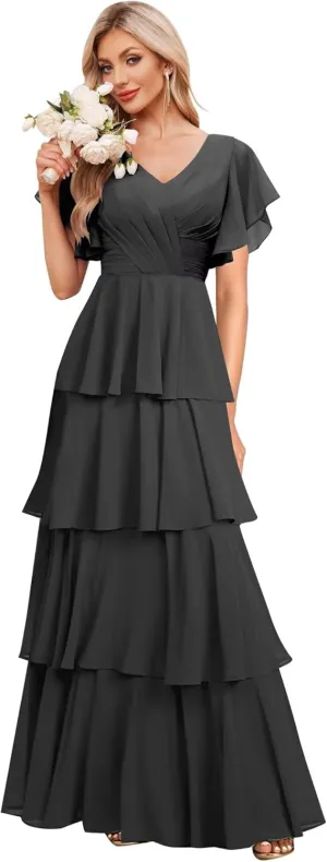 homdor Tiered Ruffles Bridesmaid Dresses for Women 2025 V Neck Chiffon Formal Evening Dresses with Sleeves
