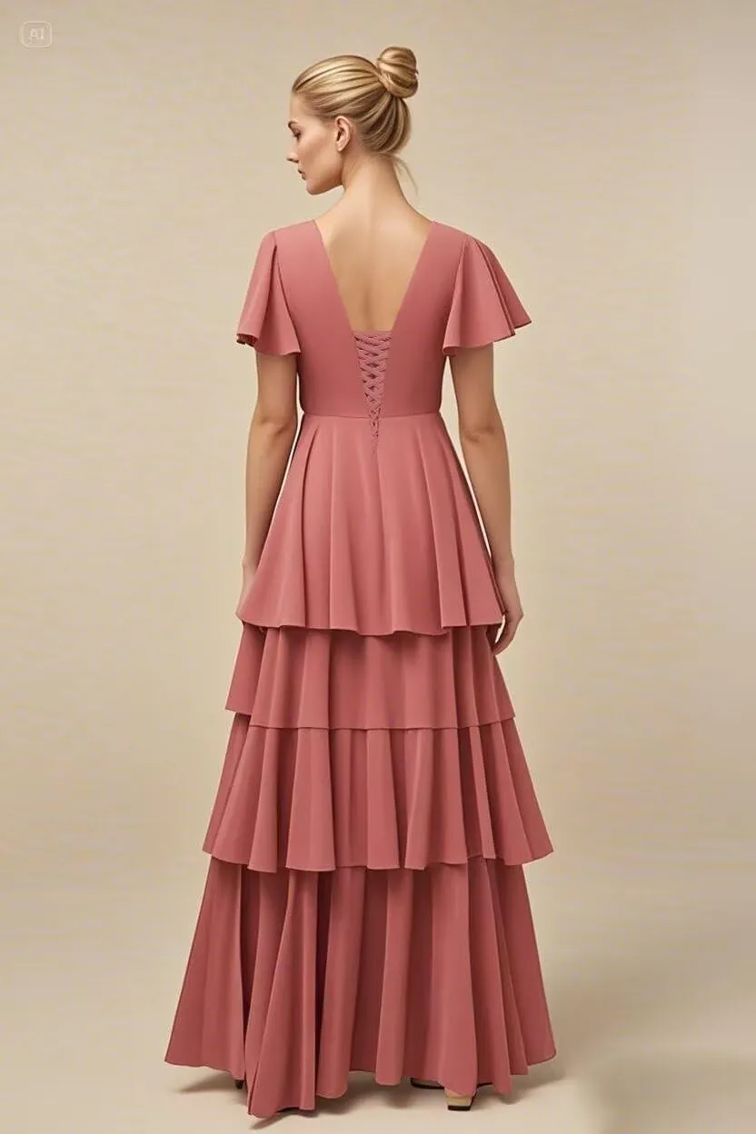 homdor Tiered Ruffles Bridesmaid Dresses for Women 2025 V Neck Chiffon Formal Evening Dresses with Sleeves