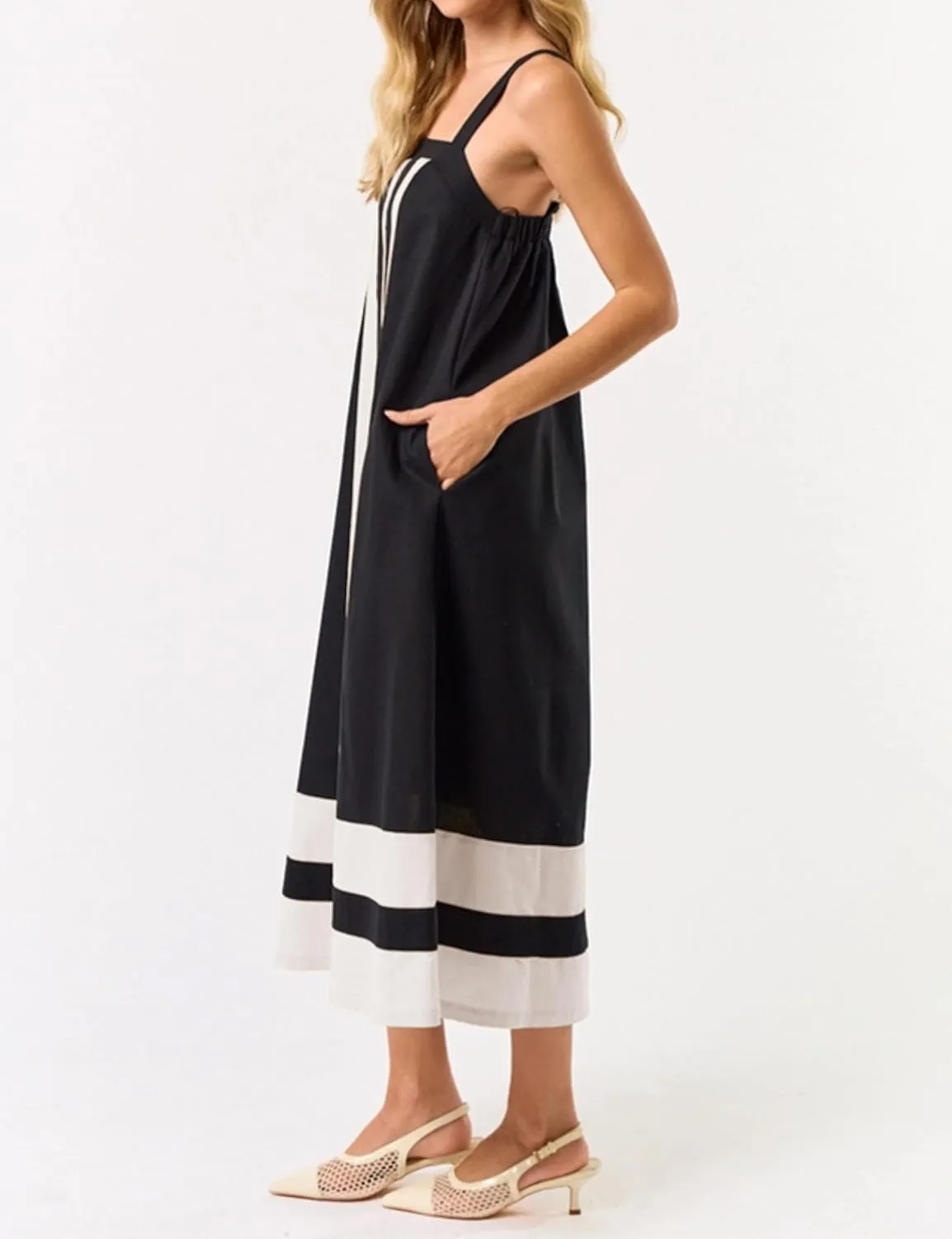 Hooever Women Color Block Maxi Dress Boho Striped Shoulder Strap Sundress Square Neck Summer Beach Dresses