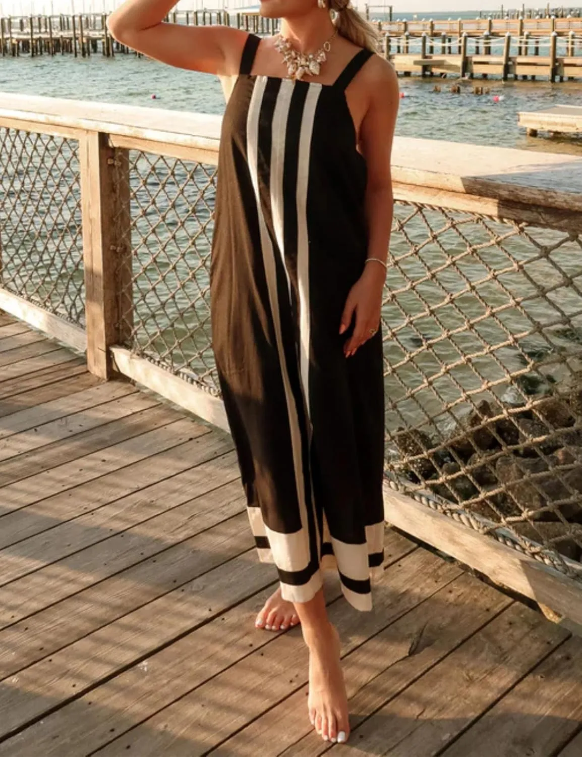 Hooever Women Color Block Maxi Dress Boho Striped Shoulder Strap Sundress Square Neck Summer Beach Dresses