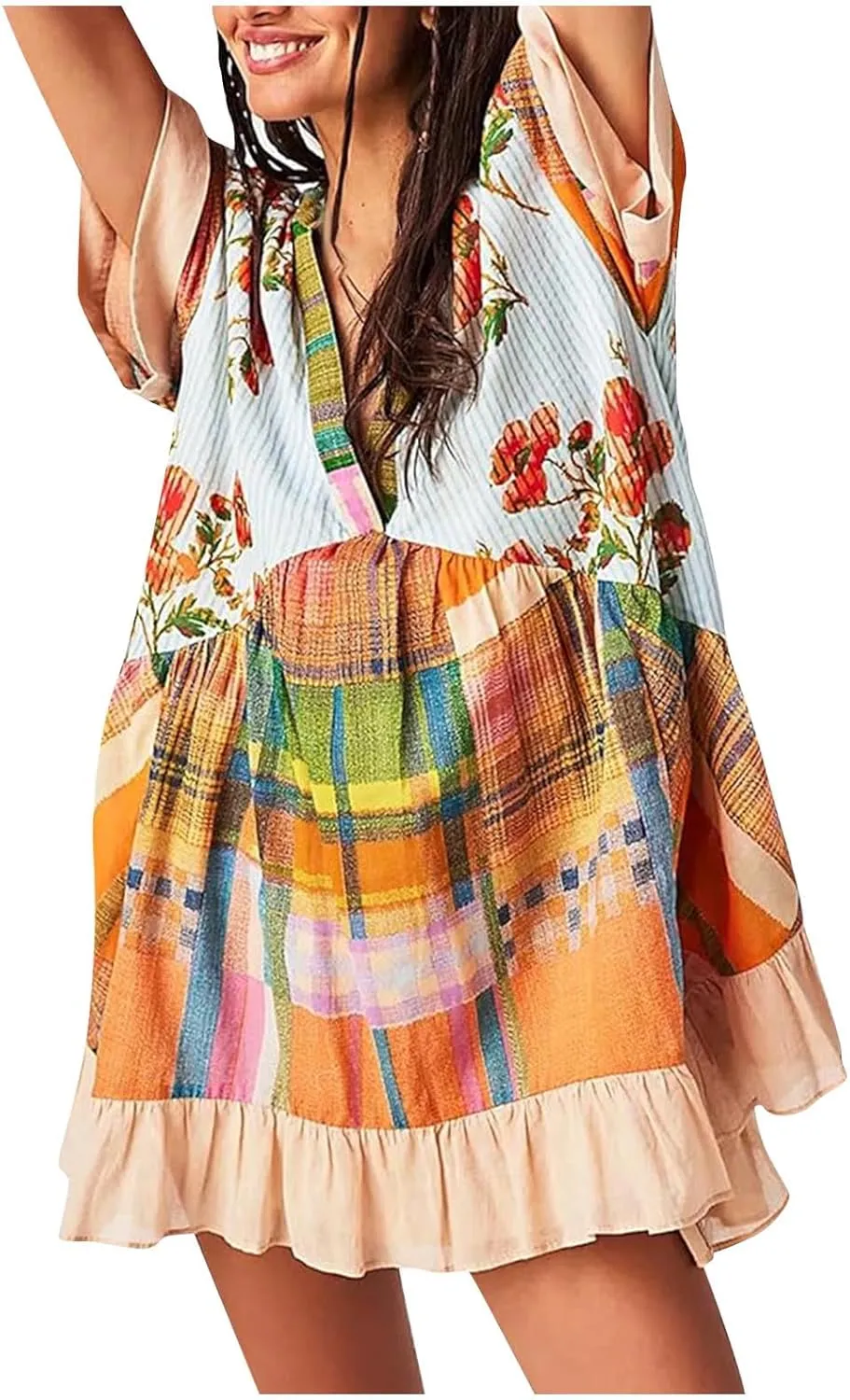 Hot Short Mini Dress Babydoll Dresses for Women Boho Y2K Summer Dress Flowy Deep V Neck Floral Sundresses