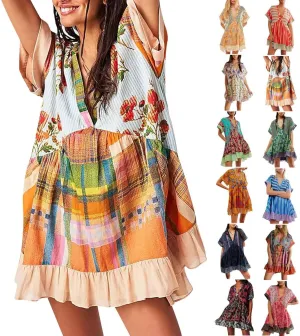 Hot Short Mini Dress Babydoll Dresses for Women Boho Y2K Summer Dress Flowy Deep V Neck Floral Sundresses
