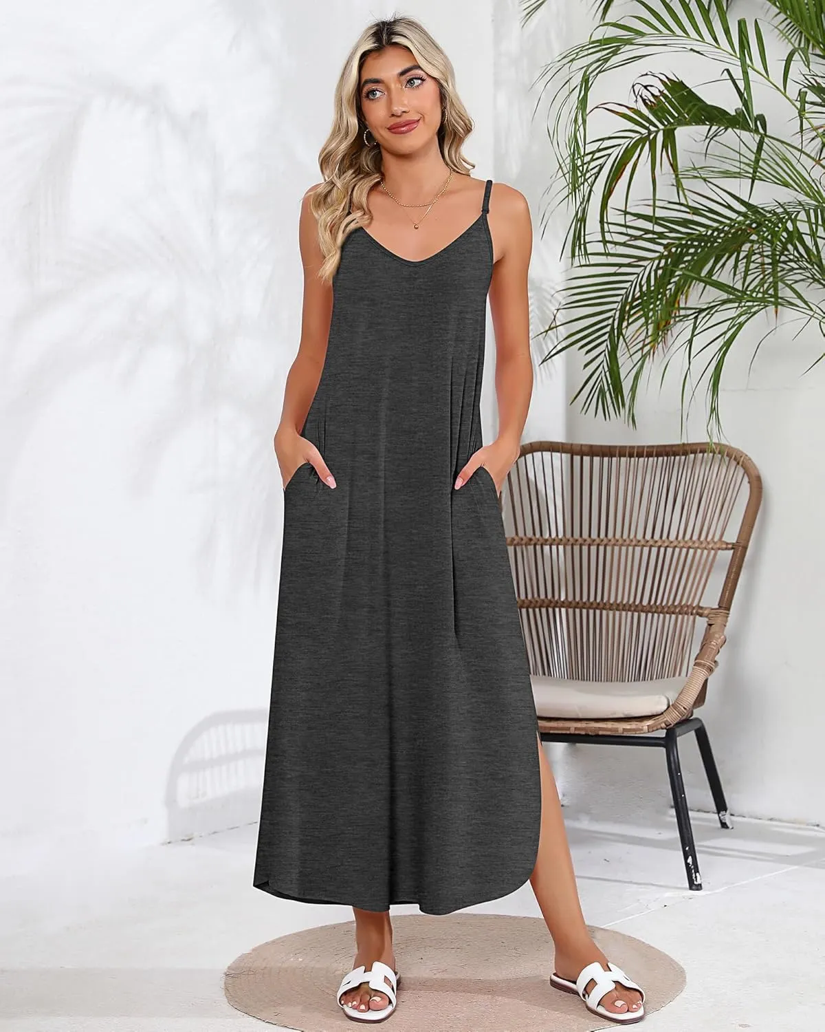 Huukeay 2 Pcs Women Casual Maxi Dresses V Neck Loose Slit Long Cami Dresses Summer Beach Cover Ups Sundress with Pockets