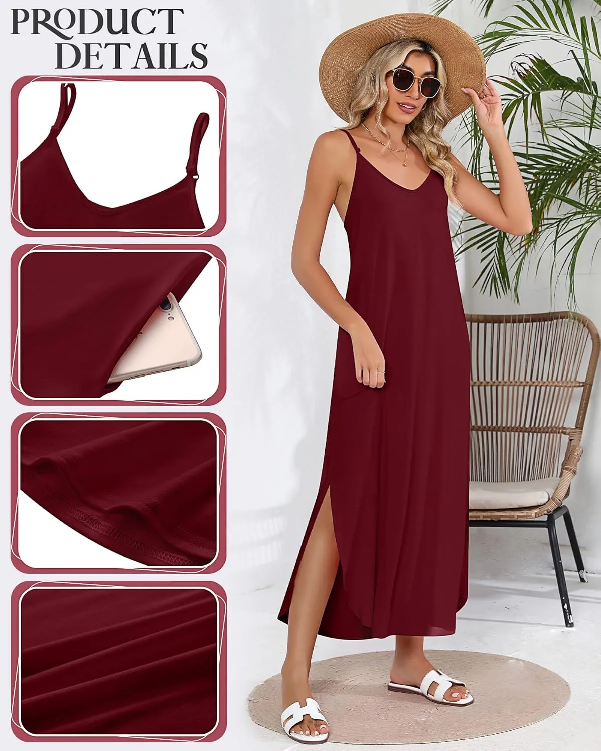 Huukeay 2 Pcs Women Casual Maxi Dresses V Neck Loose Slit Long Cami Dresses Summer Beach Cover Ups Sundress with Pockets
