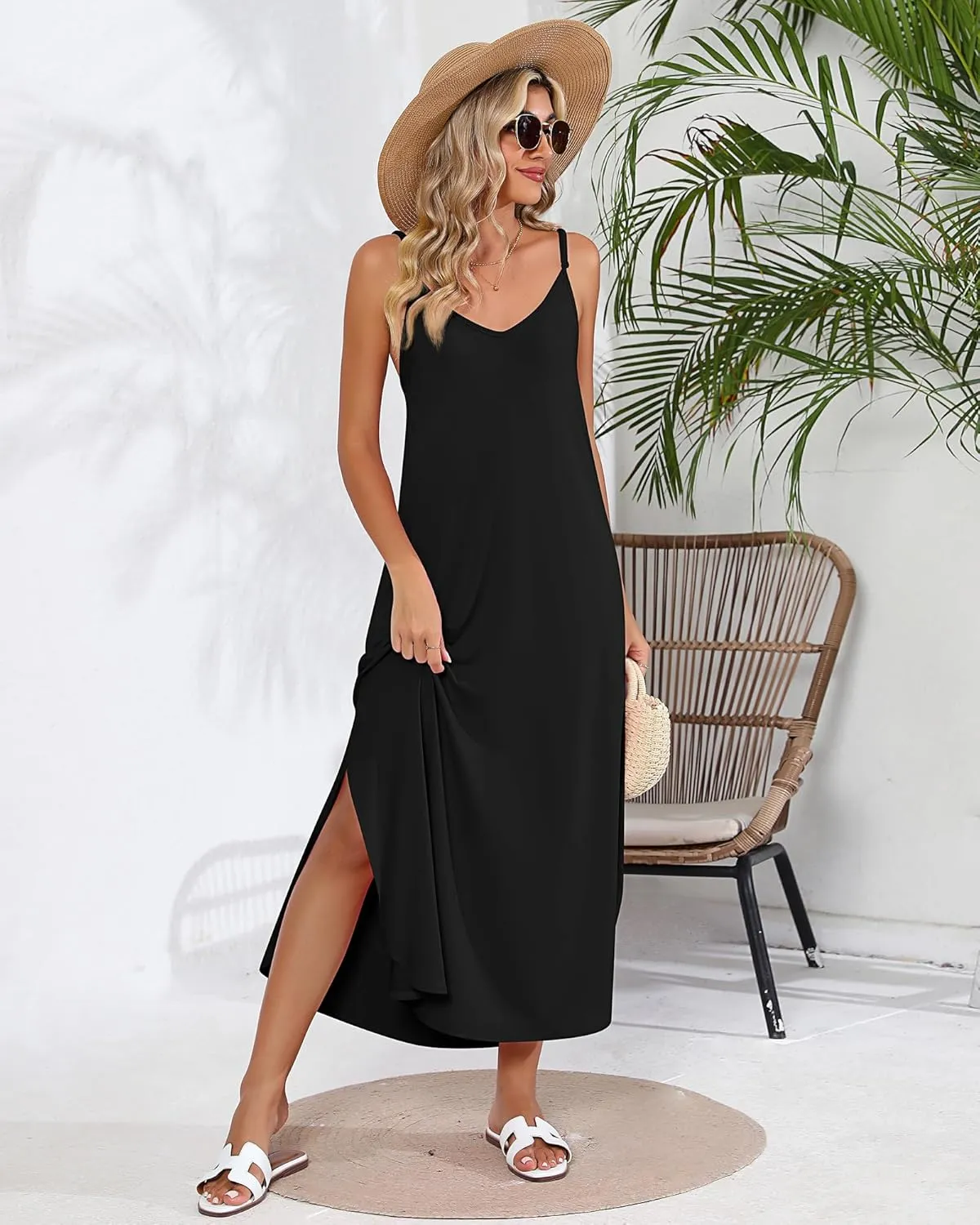 Huukeay 2 Pcs Women Casual Maxi Dresses V Neck Loose Slit Long Cami Dresses Summer Beach Cover Ups Sundress with Pockets