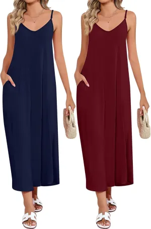 Huukeay 2 Pcs Women Casual Maxi Dresses V Neck Loose Slit Long Cami Dresses Summer Beach Cover Ups Sundress with Pockets