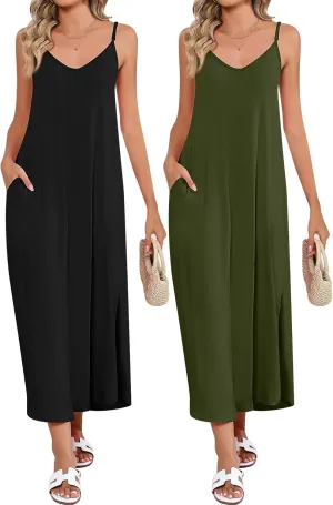 Huukeay 2 Pcs Women Casual Maxi Dresses V Neck Loose Slit Long Cami Dresses Summer Beach Cover Ups Sundress with Pockets