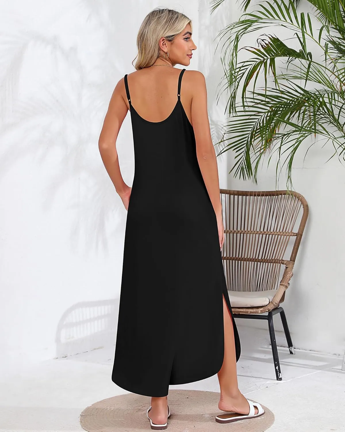 Huukeay 2 Pcs Women Casual Maxi Dresses V Neck Loose Slit Long Cami Dresses Summer Beach Cover Ups Sundress with Pockets